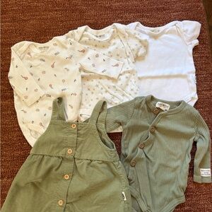 Rabbit and Bear Baby Clothing Set with Green Dress and Onesies